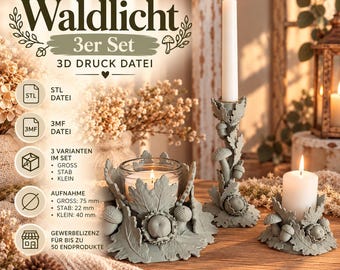 Forest Lights 3-Piece Set | 3MF STL Files for 3D Printing | LED Candle Holders 22 40 75 mm | Mushrooms, Acorns, Oak Leaves | incl. Commercial License