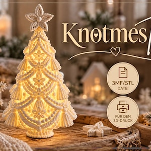 Puede incluir: Un árbol decorativo de color crema impreso en 3D con intrincados patrones de nudos tipo cuerda, motivos florales y una estrella en la punta. El árbol está iluminado desde el interior, emitiendo un brillo cálido. Texto: KnotmesTree, 3MF/STL DATEI, FÜR DEN 3D-DRUCK.