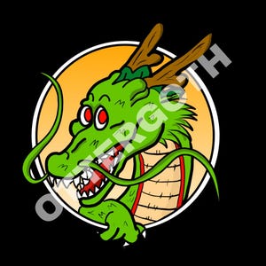 May include: A green cartoon dragon with red eyes and sharp teeth, set against a yellow circle with a white outline, on a black background. The dragon has brown antlers and a long, green mustache. The image is a stylized illustration.