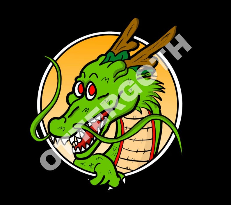 May include: A green cartoon dragon with red eyes and sharp teeth, set against a yellow circle with a white outline, on a black background. The dragon has brown antlers and a long, green mustache. The image is a stylized illustration.