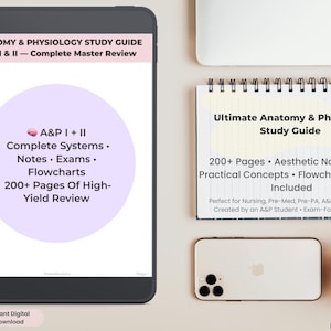 Puede incluir: Guía de estudio de anatomía y fisiología que se muestra en una tableta y un cuaderno de espiral. La tableta muestra "A&P I & II - Complete Master Review" con notas, exámenes y diagramas de flujo. El cuaderno dice "Ultimate Anatomy & Physiology Study Guide".