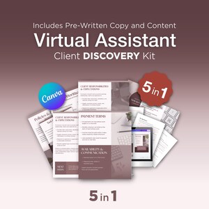 May include: A collection of documents and a tablet, with the text "Virtual Assistant Client Discovery Kit." The image includes the Canva logo and a red "5 in 1" badge. The documents cover topics like client responsibilities and payment terms.