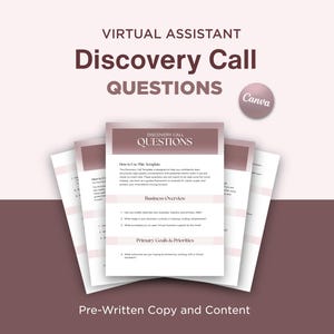 May include: A stack of printed documents with the title "Discovery Call Questions" in a dark brown font. The documents are on a light pink background with the words "Virtual Assistant" and "Pre-Written Copy and Content". A Canva logo is visible.