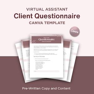May include: A digital template for a virtual assistant client questionnaire. The design features a stack of white papers with a mauve header and text. The words "Client Questionnaire" and "CANVA TEMPLATE" are prominently displayed. The Canva logo is visible.