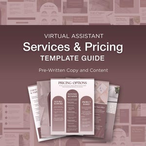 May include: A template guide for virtual assistant services and pricing. The cover features the title "Services & Pricing" in white text on a dark maroon background. Several pages with pricing options are visible.