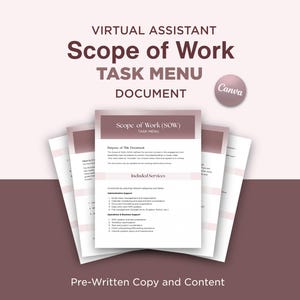 Pode incluir: Um documento intitulado "Scope of Work" com o texto "Task Menu" e "Document". O documento tem um esquema de cores rosa e branco. As palavras "Virtual Assistant" e "Pre-Written Copy and Content" também são visíveis.