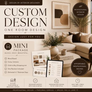 Virtual Interior Design One Room Custom Online e-Design Mood Board  plus Cohesive Colour Scheme plus Clickable Shopping List