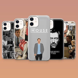 May include: A collection of phone cases featuring images of the TV show "House". The cases display various images, including the show's logo, character portraits, and medical imagery. The cases are designed for a smartphone.