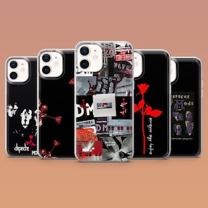 May include: A selection of phone cases with Depeche Mode artwork. The cases showcase album art and graphics, such as roses, band member silhouettes, and text. The colour scheme includes black, white, and red.