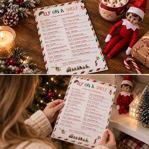 Könnte beinhalten: Eine gedruckte Liste mit dem Titel Elf on a Shelf, die 24 Ideen für Feiertagsaktivitäten enthält. Das Dokument hat einen rot-grün gestreiften Rand, kleine Elfenillustrationen und eine Zuggrafik am unteren Rand, die tägliche Aufgaben auflistet.