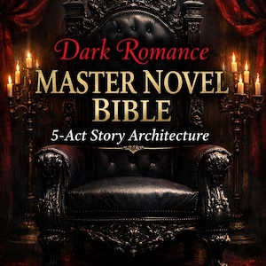 以下が含まれることがあります： 精巧な彫刻が施された黒い革張りの玉座が中心です。「Dark Romance MASTER NOVEL BIBLE」の文字が金と赤で表示されています。燭台と赤いカーテンが、ゴシック様式を連想させます。