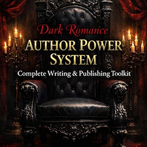 以下が含まれることがあります： 黒い革張りの玉座の画像。装飾的な彫刻が施され、ろうそくの光で照らされています。「Dark Romance AUTHOR POWER SYSTEM Complete Writing & Publishing Toolkit Printable + Fillable PDF」と書かれています。