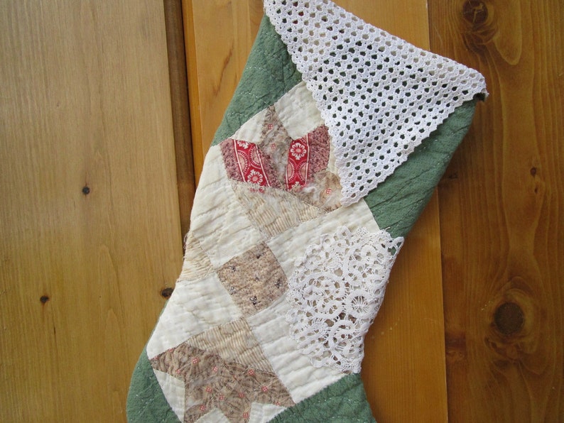 #10 Repurposed Vintage Quilt Primitive Quilted Green Christmas Stocking with Vintage Doilies and Lace