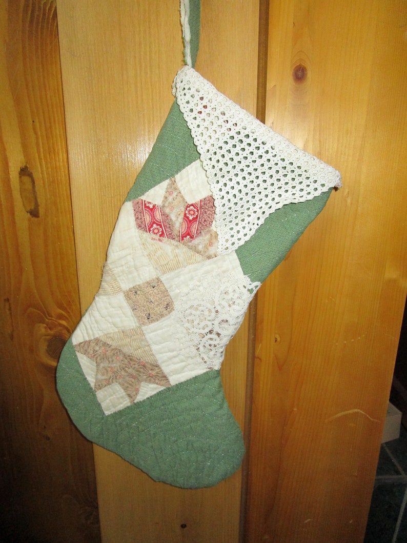 #10 Repurposed Vintage Quilt Primitive Quilted Green Christmas Stocking with Vintage Doilies and Lace