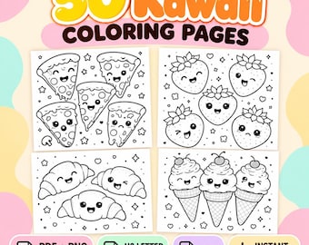 May include: A digital collection of 50 Kawaii coloring pages featuring black and white line art of smiling pizza slices, strawberries, croissants, and ice cream cones. Includes PDF and PNG files in US Letter 8.5 x 11 inch format for download.