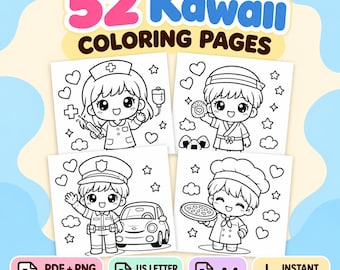 Op de afbeelding: Een digitale collectie van 52 Kawaii kleurplaten met zwart-witte lijntekeningen van personages in verschillende beroepen, waaronder verpleegkundige, kok en politieagent. Inclusief PDF- en PNG-bestanden in A4-formaat.