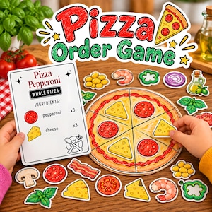 Może przedstawiać: Zestaw Pizza Order Game zawierający białą kartę z instrukcją oznaczoną jako Pizza Pepperoni z ikonami składników, okrągłą tekturową pizzę podzieloną na sześć kawałków oraz różne ilustrowane dodatki spożywcze, takie jak pepperoni, ser, krewetki i warzywa.