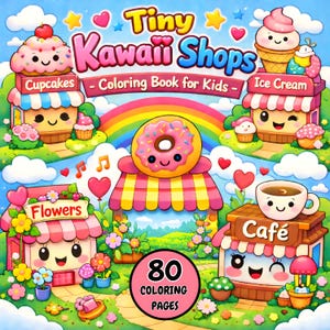 Puede incluir: Portada de un libro para colorear infantil titulado "Tiny Kawaii Shops". La portada presenta ilustraciones de tiendas bonitas: Cupcakes, Helados, Flores y un Café. Un arcoíris se arquea sobre una tienda de donuts. El libro tiene 80 páginas para colorear.