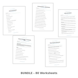 May include: A bundle of 80 worksheets on white paper. The worksheets cover topics such as networks, the internet, scientific analysis, reading comprehension, and math problems. The text on the worksheets is black.