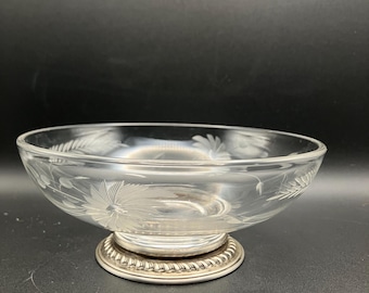 Antique etched glass or crystal bowl with sterling silver base