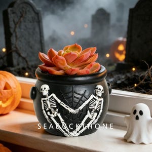 Halloween Embossed Skeleton Resin Cauldron Planter, Spooky Succulent Pot