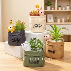 Imitation Paper Bag Resin Succulent Planter Cute Animal Figurine Flower Pot Mini Desktop Plant Pot Home Decor Gift