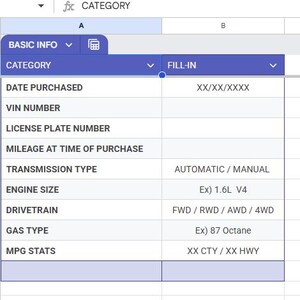 May include: A screenshot of a Google Sheets spreadsheet titled "BASIC CAR MAINTENANCE TEMPLATE." The spreadsheet includes categories such as "DATE PURCHASED," "VIN NUMBER," "LICENSE PLATE NUMBER," and "MPG STATS." A dropdown menu labeled "BASIC INFO" is open.