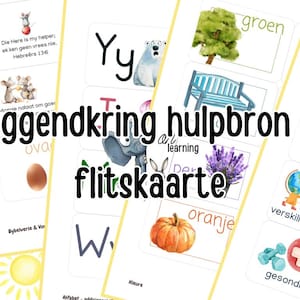 Puede incluir: Un conjunto de tarjetas didácticas con ilustraciones en acuarela y texto. Las tarjetas presentan imágenes de un árbol, un oso polar, una calabaza y otros objetos. El texto incluye las palabras "Oggendkring hulpbron / flitskaarte".