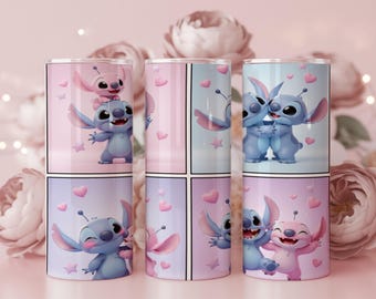 Stitch Tumbler Wrap PNG: Pink & Blue Love Hearts, 20oz 30oz Skinny Sublimation (Digital Download)