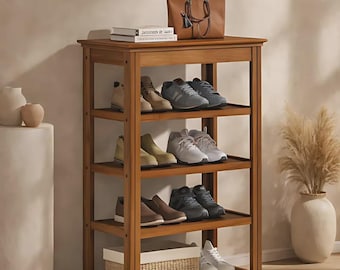 Tall Bamboo Shoe Rack: Narrow Entryway Organizer, Free Standing Shelf