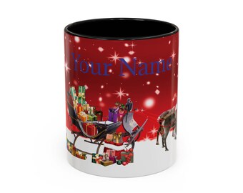 Personalized Christmas Mug, Festive Reindeer Sleigh Design, Holiday Coffee Cup