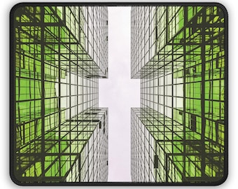 Green Architectural Skyline Gaming Mouse Pad | Geometric Cityscape