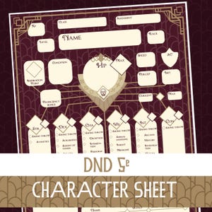 May include: A burgundy Dungeons & Dragons 5e character sheet with art deco-inspired borders. The sheet includes fields for character details like name, class, and ability scores. The text "CHARACTER SHEET" is displayed at the bottom.