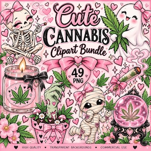 Puede incluir: Un paquete de imágenes prediseñadas digitales con ilustraciones rosas de un esqueleto, un fantasma, una momia, una vela, una bola de cristal y hojas de cannabis. El texto dice Cute CANNABIS Clipart Bundle 49 PNG, High Quality, Transparent Backgrounds, Commercial Use.