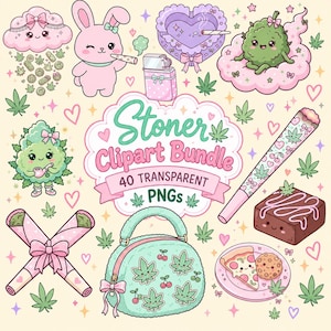 Op de afbeelding: Een digitale illustratieset getiteld Stoner Clipart Bundle 40 Transparent PNGs met pastelkleurige stripfiguren, waaronder een roze konijn, een groen plantwezen, een handtas, een brownie, pizza en motieven van cannabisbladeren.