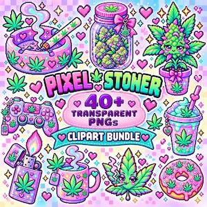 Op de afbeelding: Een digitaal clipart-pakket getiteld PIXEL STONER 40+ TRANSPARENT PNGs met pixel art-afbeeldingen, waaronder een cannabisblad in een pot, een pot met toppen, een gamecontroller, een donut, een mok, een aansteker en een asbak in roze en blauw.