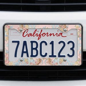May include: A California license plate with the text "California" in red script. The license plate is framed with a decorative border featuring a floral pattern in pink, yellow, and blue. The license plate number is 7ABC123.
