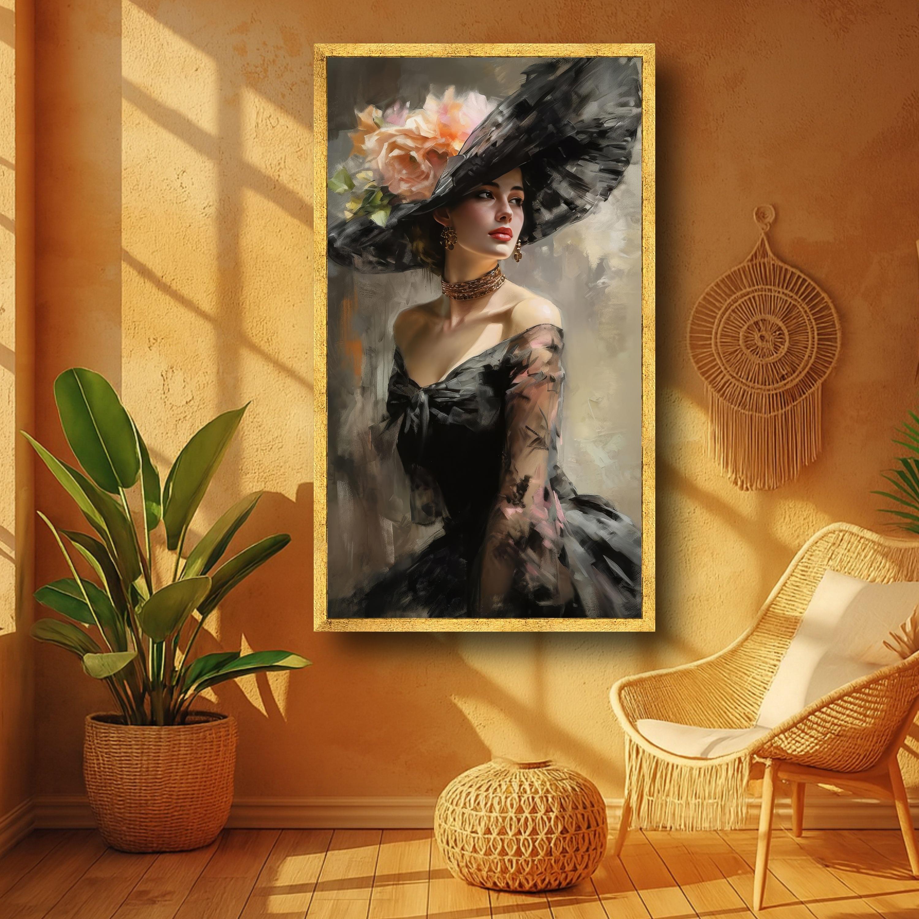 Elegant Lady Portrait, Vintage Fashion Canvas, Floral Hat Wall Art ...