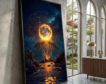 Lienzo de luna brillante mística, escena nocturna de árbol mágico, arte mural de paisaje fantástico, lienzo de reflejo iluminado, decoración encantadora para el hogar
