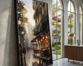 Parisian Street Cafe Scene, Romantic Urban Canvas, Evening Light Wall Art, European Cityscape, Cozy Outdoor Dining Canvas, Home Decor