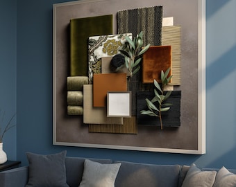 Cuadro decorativo de pared en lienzo con diseño de hojas botánicas y bloques rústicos, lienzo moderno con motivos naturales, decoración cálida y neutra para el hogar.