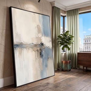 Tela astratta dai toni neutri, arte murale contemporanea, decorazioni blu e beige tenui, tela moderna per soggiorno, opera d'arte orizzontale