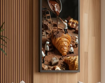 Arte de croissant de chef en miniatura, lienzo de chocolate vertido, arte mural de cocina caprichoso, lienzo de fantasía culinaria, decoración de postres gourmet