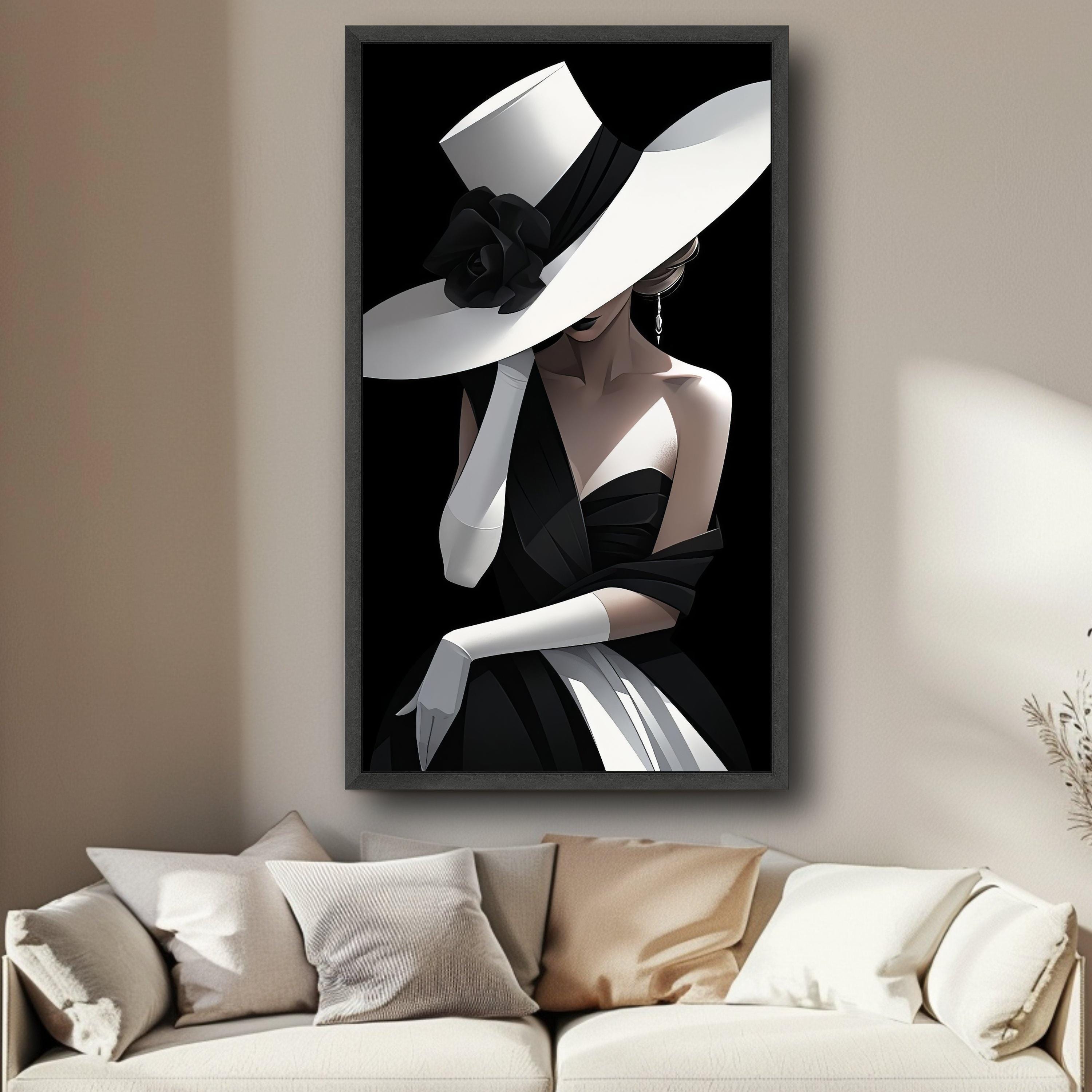 Elegant Woman in Black Dress With Large Hat Canvas, Fashion Portrait ...