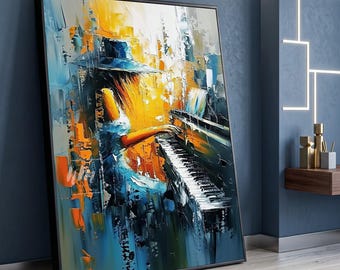 Abstract Woman Playing Piano Canvas Wall Art, Modern Musical Decor, Colorful Artistic Canvas, Contemporary Home Decoration