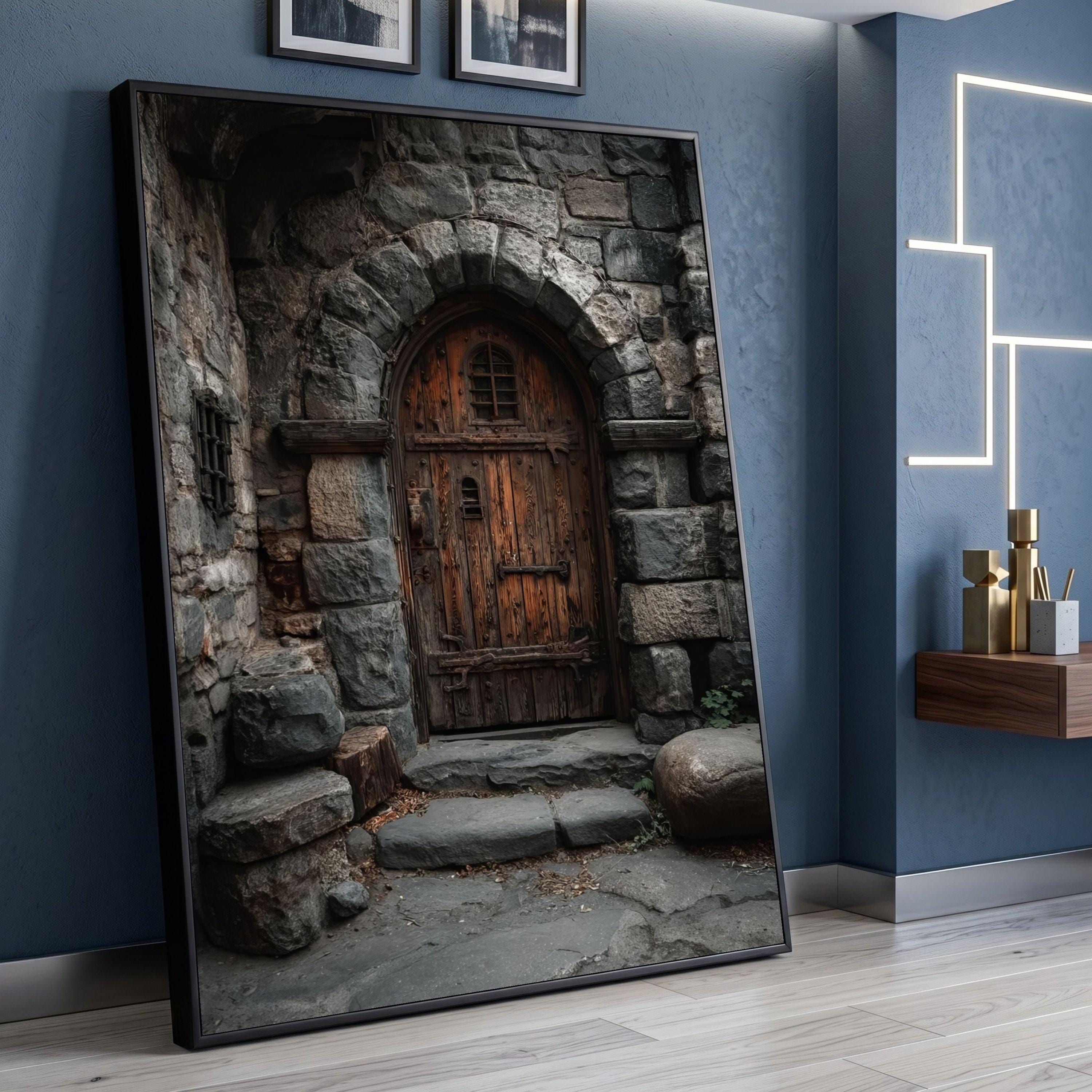 Rustic Wooden Door Canvas Wall Art, Medieval Stone Archway Canvas
