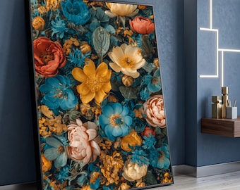 Buntes Blumenbouquet auf Leinwand, Lebendige florale Wandkunst, Botanischer Leinwanddruck, Heimdekoration, Leinwandbild