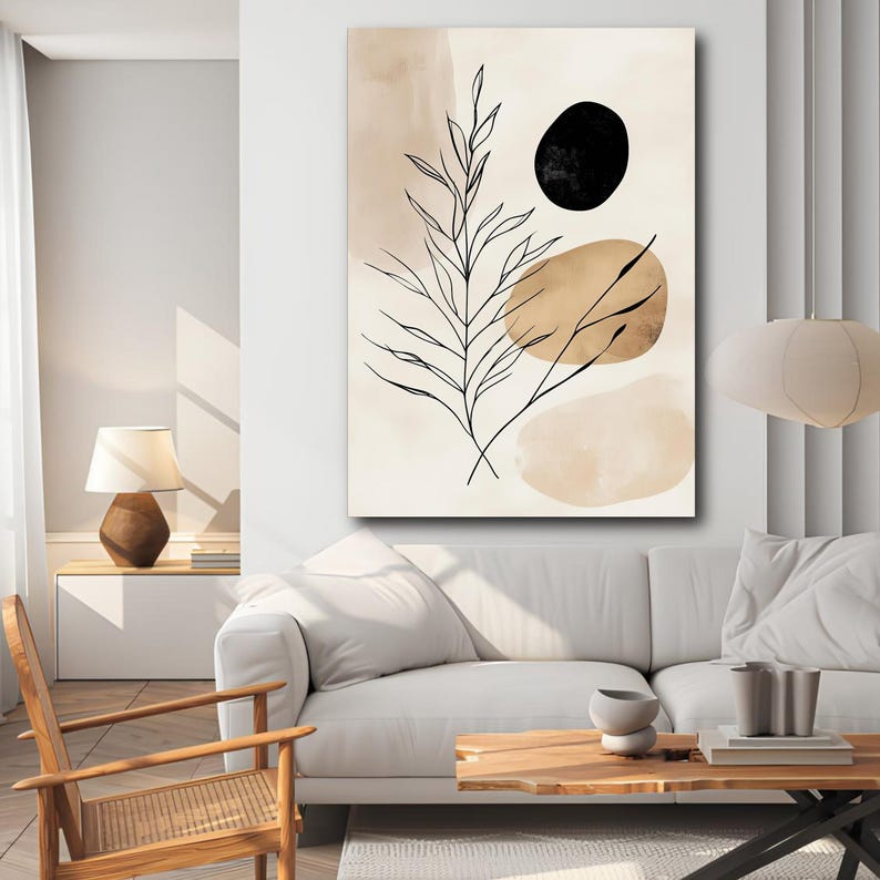 Minimalistisk botanisk canvastavla, abstrakt naturdesign, modern linjekonsttryck, heminredning i neutrala toner, redo att hängas upp canvas bild 2