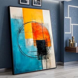 Modern Abstract Geometric Canvas, Blue Yellow Orange Wall Art, Contemporary Circle Design, Bold Color Statement Piece, Ready to Hang