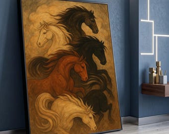 Lienzo decorativo de caballos al galope, pintura ecuestre rústica, decoración de caballos marrones y negros, lienzo de vida silvestre, listo para colgar.